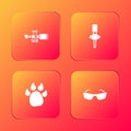 Set Sniper optical sight, Torch flame, Paw print and Glasses icon. Vector