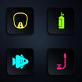 Set Snorkel, Diving mask, Fish and Aqualung. Black square button. Vector Royalty Free Stock Photo