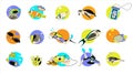 Set of snorkeling and diving elements, fishes, scuba diver, corals, underwater camera case, underwater photography Royalty Free Stock Photo