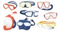 Set of Snorkeling Masks Icons, Scuba Diving Equipment of Different Design. Underwater Glasses, Mouthpiece Tube for Swim Royalty Free Stock Photo