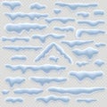 Set of snow caps, icicles, and snowdrift isolated on transparent background. Winter decorations. Elements for computer Royalty Free Stock Photo