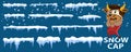 Set of snow caps, snowflakes and icicles. New year decoration set for website. Snow clouds. Funny Ox in cartoon style Royalty Free Stock Photo