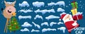 Set of snow caps, snowflakes and icicles. New year decoration set for website. Snow clouds. Funny Ox in cartoon style Royalty Free Stock Photo