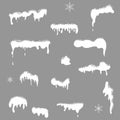 Set of Snow elements, Snow caps, snowballs and snowdrifts with falling snowflakes isolated on gray background for design and decor Royalty Free Stock Photo