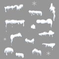 Set of Snow elements, Snow caps, snowballs and snowdrifts with falling snowflakes isolated on gray background for design and decor