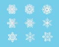 Set of Snow flakes in paper cut style on blue background. Vector illustration Royalty Free Stock Photo