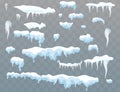 Set of snow icicles, snow cap isolated. Snowy elements. on winter background. Vector template in cartoon style