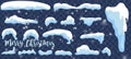 Set of snow icicles, snow cap isolated. Snowy elements on winter background. Vector template in cartoon style. Vector