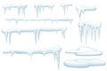 Set of snow icicles and snow caps winter elements flat vector illustration isolated on white background