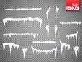 Set of snow icicles isolated on transparent background. Vector