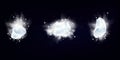 Set of Snow powder white explosion, ice. Vector realistic splash clouds of white powder and snowflakes isolated on dark background