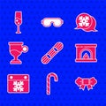 Set Snowboard, Christmas candy cane, Bow tie, Interior fireplace, Calendar, Mulled wine, Snowflake speech bubble and Royalty Free Stock Photo