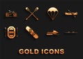 Set Snowboard, Rafting boat, Snowmobile, Parachute, Bicycle and Crossed paddle icon. Vector