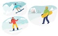 Set of snowboarders in different poses at ski resort. Vector illustration. man, woman flat cartoon