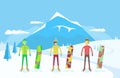 Set of snowboarders with snowboard on the background of winter mountains Royalty Free Stock Photo