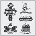 Set of Snowboarding extreme labels, emblems, badges and design elements. Vintage mountain adventure symbols.