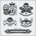 Set of Snowboarding extreme labels, emblems, badges and design elements. Vintage mountain adventure symbols.