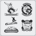 Set of Snowboarding extreme labels, emblems, badges and design elements. Vintage mountain adventure symbols.