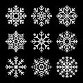Set of snowflake icons isolated on black background. Snow icons silhouette, winter, New year and Christmas decoration Royalty Free Stock Photo