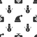 Set Snowflake with speech bubble, Christmas Santa Claus hat and Christmas snowman on seamless pattern. Vector Royalty Free Stock Photo