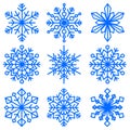 Set of snowflakes of different shapes. Collection of decorative snowflakes images. Vector illustration. Royalty Free Stock Photo