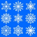 Set of snowflakes of different shapes. Patterned decorative snowflakes. Winter symbolism. Vector Image.