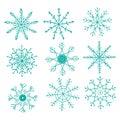 Set of 9 snowflakes, separate elements isolated on white background