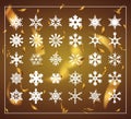 Set snowlakes and golden confetti and snowflakes on a yellow gradient background Royalty Free Stock Photo