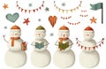 Set of Snowman, hearts, stars, banners, flags, garlands.