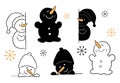 A set of a snowman plus his silhouette. Cheerful snowman and curious snowman