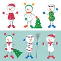 Set of Snowman Vector Illustration. Snow man Character with Christmas Tree, Xmas decorations. Isolated on the White and Blue Royalty Free Stock Photo