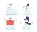 Set of Snowmen, Jolly, Frosty Figures With Carrot Noses And Coal Eyes, Scarves, Buckets and Clothes. Symbols Of Winter