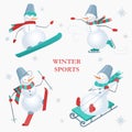 Set of snowmen on a white background with snowflakes. Winter sports. Snowboarding, skating, skiing and sledging snowman. Royalty Free Stock Photo
