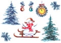 Set of snowy Christmas trees, cute snowman, midnight clock, pine branches and balls.