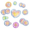 Set of soap bubbles, suds in blue, pink and yellow colors. Children playing toy, leisure, summer and spring time spending. Royalty Free Stock Photo