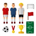 Set of soccer, football illustrations. Soccer players. Isolated s. Flat design. Web icons. Soccer player, trophy, ball.