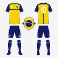 Set of soccer jersey or football kit template for Brazil national football team. Front and back view soccer uniform. Vector