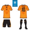 Set of soccer kit or football jersey template. Flat football logo. Front and back view soccer uniform. Vector. Royalty Free Stock Photo