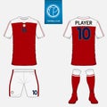 Set of soccer kit or football jersey template. Flat logo on blue label. Front and back view. Football uniform. Vector Royalty Free Stock Photo