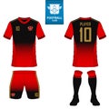 Set of soccer kit or football jersey template for football club. Flat football logo on blue label.