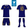 Set of soccer kit or football jersey template for football club. Flat football logo on blue label. Front and back view soccer unif