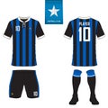 Set of soccer kit or football jersey template for football club. Flat football logo on blue label. Front and back view soccer unif