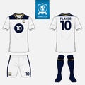 Set of soccer kit or football jersey template for football club. Flat logo on blue label. Front and back view. Football uniform. Royalty Free Stock Photo