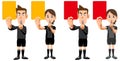 A set of a soccer referee man and a woman showing a red card and a yellow card