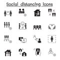 Set of Social distancing Related Vector Icons. Contains such Icons as avoid crowd, work from home, new normal, stay home and more