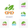 Set of Social Geek with Leaf Logo Concept Vector. Nature Geek Logo Template - Vector Royalty Free Stock Photo