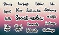 Set of 17 Social media words hand drawn lettering stickers design element for posts, chats, stories. Like Share Repost Subscribe