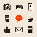 Set of social network icons vector illustration with like hand, mail, heart, foto camera, PS joystick, coffee cup, iphone Royalty Free Stock Photo