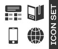 Set Social network, Online quiz, test, survey, Mobile phone and Open book icon. Vector Royalty Free Stock Photo