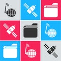 Set Social network, Satellite and Document folder icon. Vector Royalty Free Stock Photo